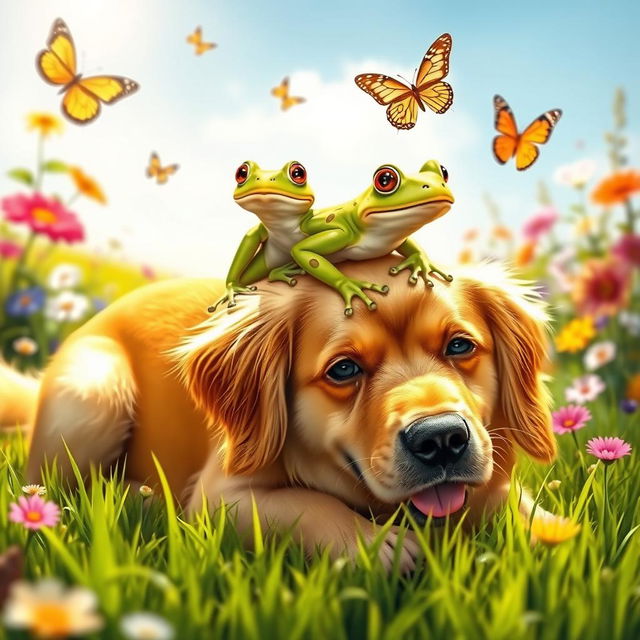 A whimsical scene featuring a cute frog perched playfully on the back of a friendly dog