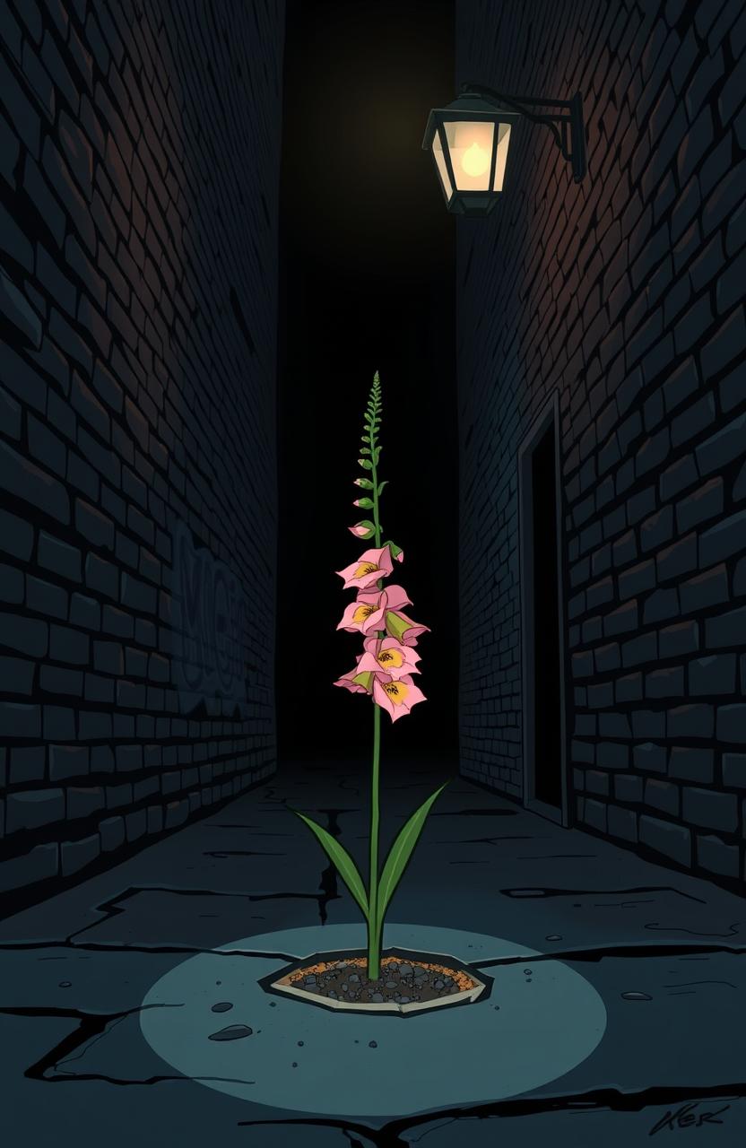 A comic/manga style illustration of a dark and narrow alley