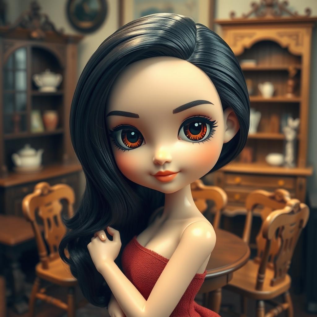 A stunning woman designed as a cute ceramic doll, featuring glossy black hair and large, expressive brown eyes