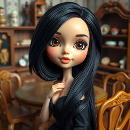 A stunning woman designed as a cute ceramic doll, featuring glossy black hair and large, expressive brown eyes