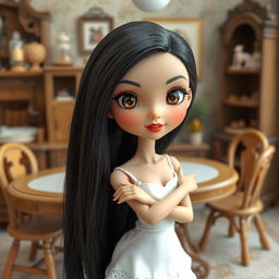 A stunning woman designed as a cute ceramic doll, featuring glossy black hair and large, expressive brown eyes