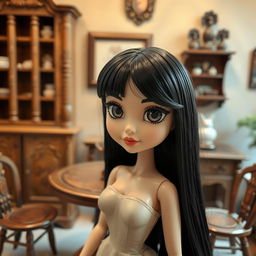 A stunning woman designed as a cute ceramic doll, featuring glossy black hair and large, expressive brown eyes