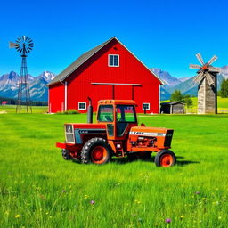 A picturesque countryside scene featuring a classic case tractor parked outside a beautiful red barn