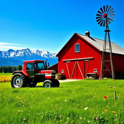 A picturesque countryside scene featuring a classic case tractor parked outside a beautiful red barn