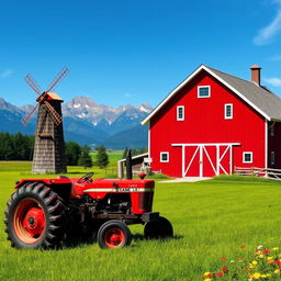 A picturesque countryside scene featuring a classic case tractor parked outside a beautiful red barn