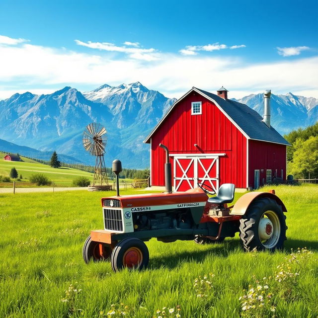 A picturesque countryside scene featuring a classic case tractor parked outside a beautiful red barn