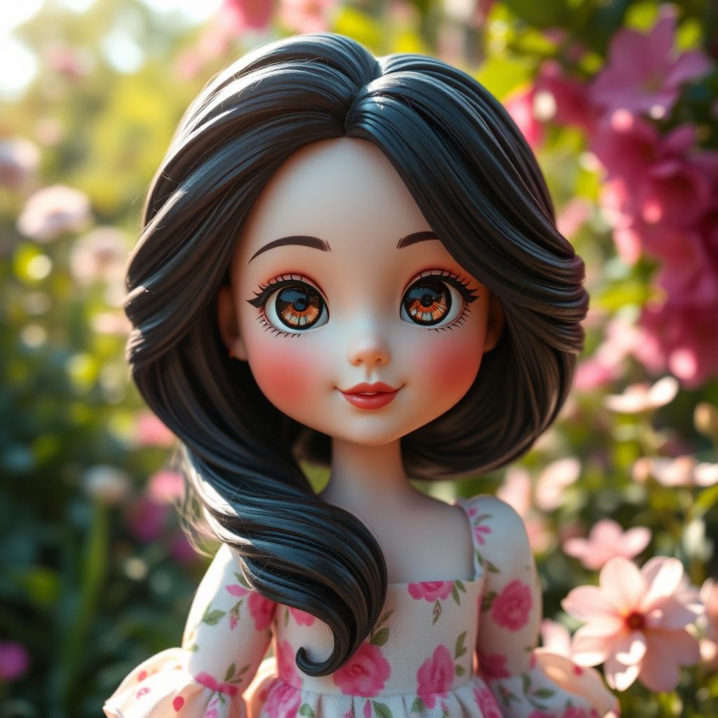 A stunning ceramic doll depicting a cute woman with glossy black hair styled in soft waves