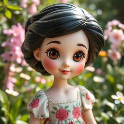 A stunning ceramic doll depicting a cute woman with glossy black hair styled in soft waves