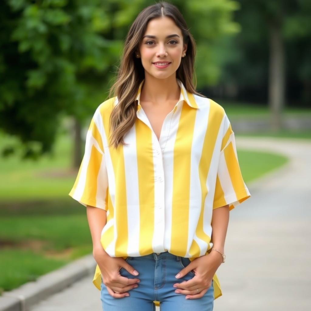 A fashionable, vibrant yellow and white striped shirt designed for a modern Christian style