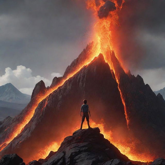 A dynamic animated scene showcasing a brave boy standing triumphantly atop a towering lava mountain. The scene should be full of energy, with molten lava flowing around him.