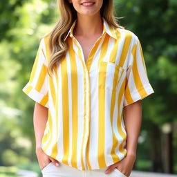 A fashionable, vibrant yellow and white striped shirt designed for a modern Christian style