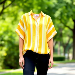 A fashionable, vibrant yellow and white striped shirt designed for a modern Christian style