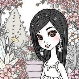 A stunning woman depicted as a cute ceramic doll, featuring striking black hair and large brown eyes, set against a beautifully detailed garden background