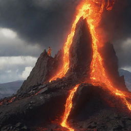 A dynamic animated scene showcasing a brave boy standing triumphantly atop a towering lava mountain. The scene should be full of energy, with molten lava flowing around him.