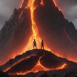 A dynamic animated scene showcasing a brave boy standing triumphantly atop a towering lava mountain. The scene should be full of energy, with molten lava flowing around him.