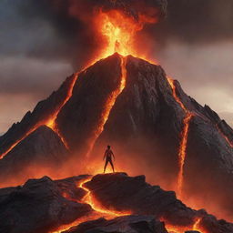 A dynamic animated scene showcasing a brave boy standing triumphantly atop a towering lava mountain. The scene should be full of energy, with molten lava flowing around him.