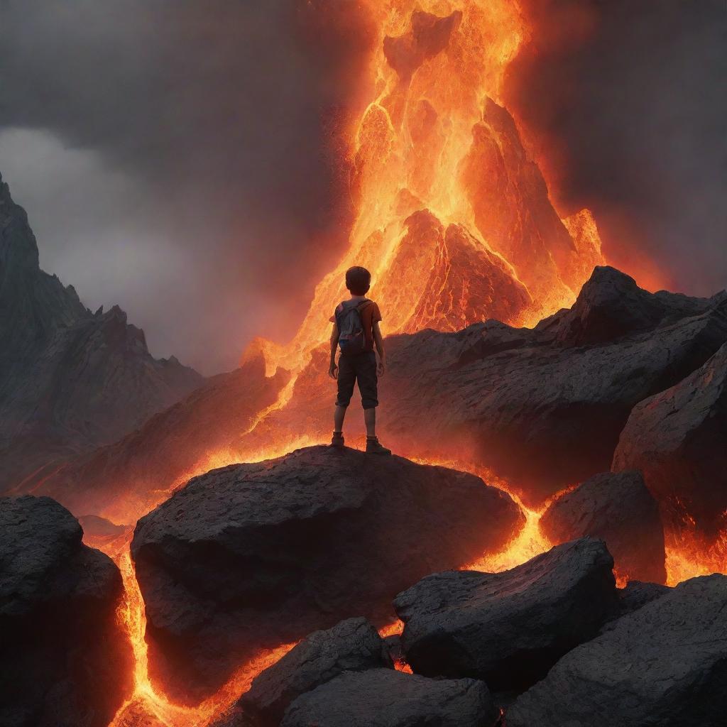 An intense animated scene of a courageous boy on the peak of a lava mountain, with molten rocks falling around him. This daring spectacle should show the boy unshaken amidst this fiery environment.