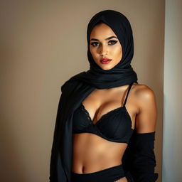 A beautiful young woman wearing a stylish hijab, with striking features and a confident posture