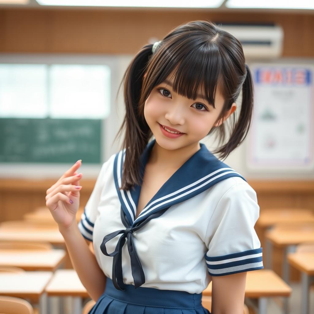 A 20-year-old Japanese school girl wearing a traditional school uniform with a sailor collar and a short skirt, playfully winking at the viewer