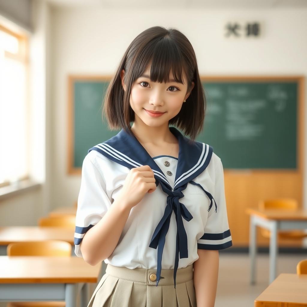 A 20-year-old Japanese school girl wearing a traditional school uniform with a sailor collar and a short skirt, playfully winking at the viewer