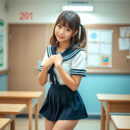 A 20-year-old Japanese school girl wearing a traditional school uniform with a sailor collar and a short skirt, playfully winking at the viewer