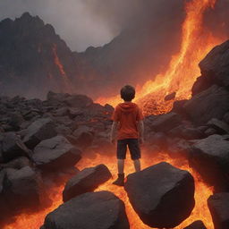 An intense animated scene of a courageous boy on the peak of a lava mountain, with molten rocks falling around him. This daring spectacle should show the boy unshaken amidst this fiery environment.