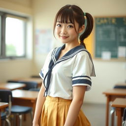 A 20-year-old Japanese school girl wearing a traditional school uniform with a sailor collar and a short skirt, playfully winking at the viewer