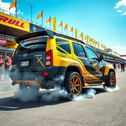 An exhilarating image of a tuned Nissan Xterra, designed for racing, showcasing its aggressive modifications