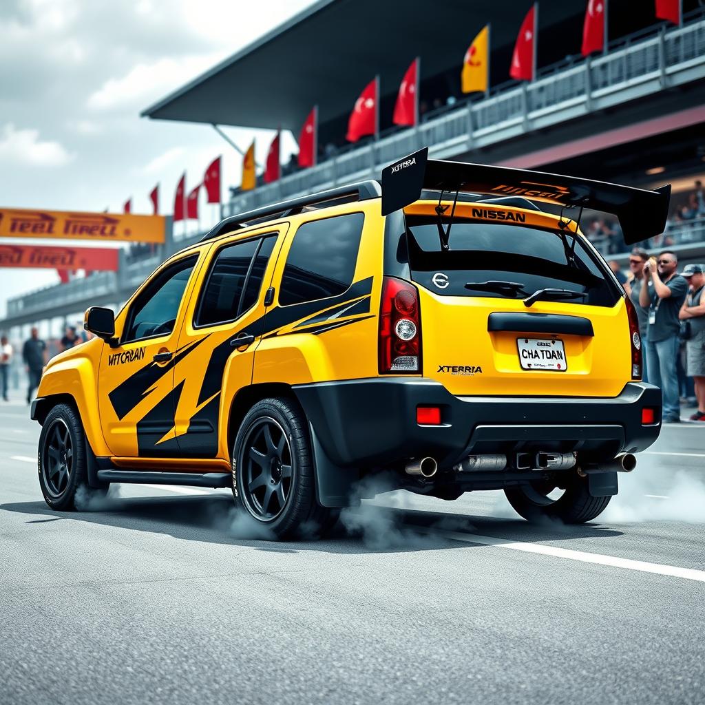 An exhilarating image of a tuned Nissan Xterra, designed for racing, showcasing its aggressive modifications