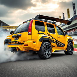 An exhilarating image of a tuned Nissan Xterra, designed for racing, showcasing its aggressive modifications