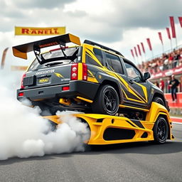 An exhilarating image of a tuned Nissan Xterra, designed for racing, showcasing its aggressive modifications