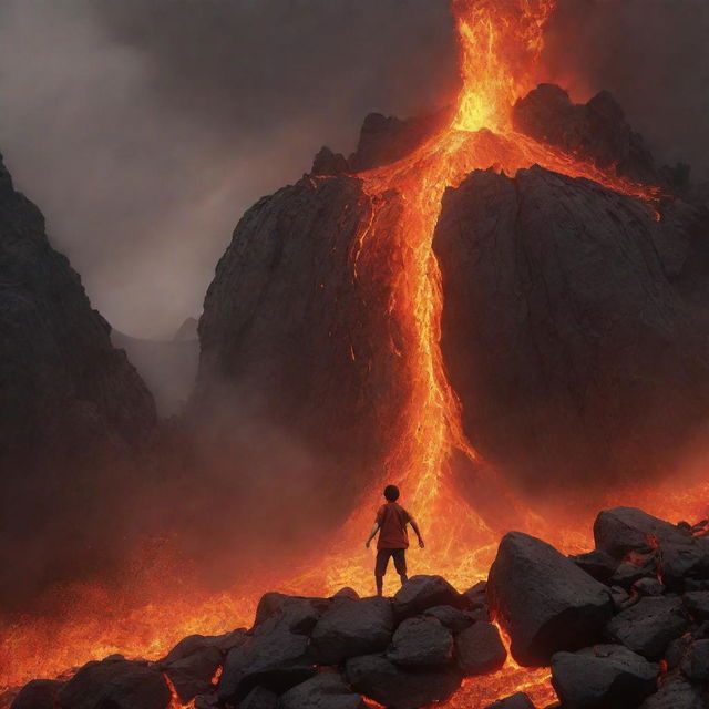 An intense animated scene of a courageous boy on the peak of a lava mountain, with molten rocks falling around him. This daring spectacle should show the boy unshaken amidst this fiery environment.