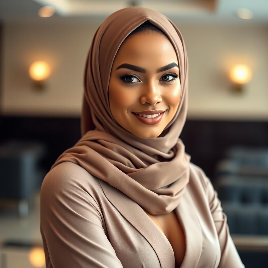 A stunningly attractive woman wearing an elegant hijab that beautifully complements her features