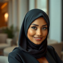 A stunningly attractive woman wearing an elegant hijab that beautifully complements her features