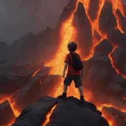 An intense animated scene of a courageous boy on the peak of a lava mountain, with molten rocks falling around him. This daring spectacle should show the boy unshaken amidst this fiery environment.