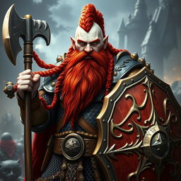 A paladin dwarf with white skin and a striking red beard, adorned with intricate braids in both his long beard and braided mohawk