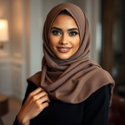 A stunningly attractive woman wearing an elegant hijab that beautifully complements her features