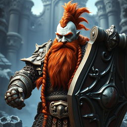 A paladin dwarf with white skin and a striking red beard, adorned with intricate braids in both his long beard and braided mohawk