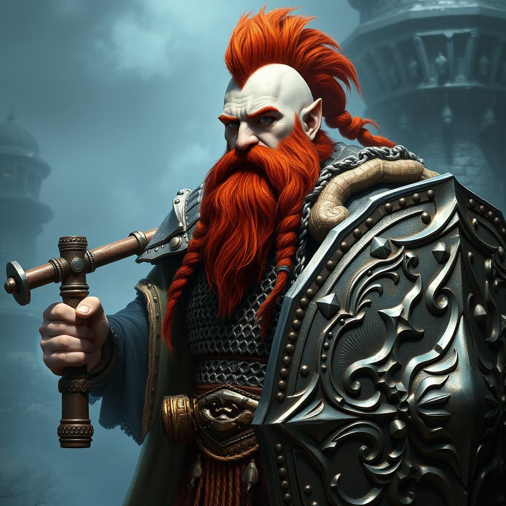 A paladin dwarf with white skin and a striking red beard, adorned with intricate braids in both his long beard and braided mohawk