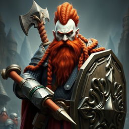 A paladin dwarf with white skin and a striking red beard, adorned with intricate braids in both his long beard and braided mohawk