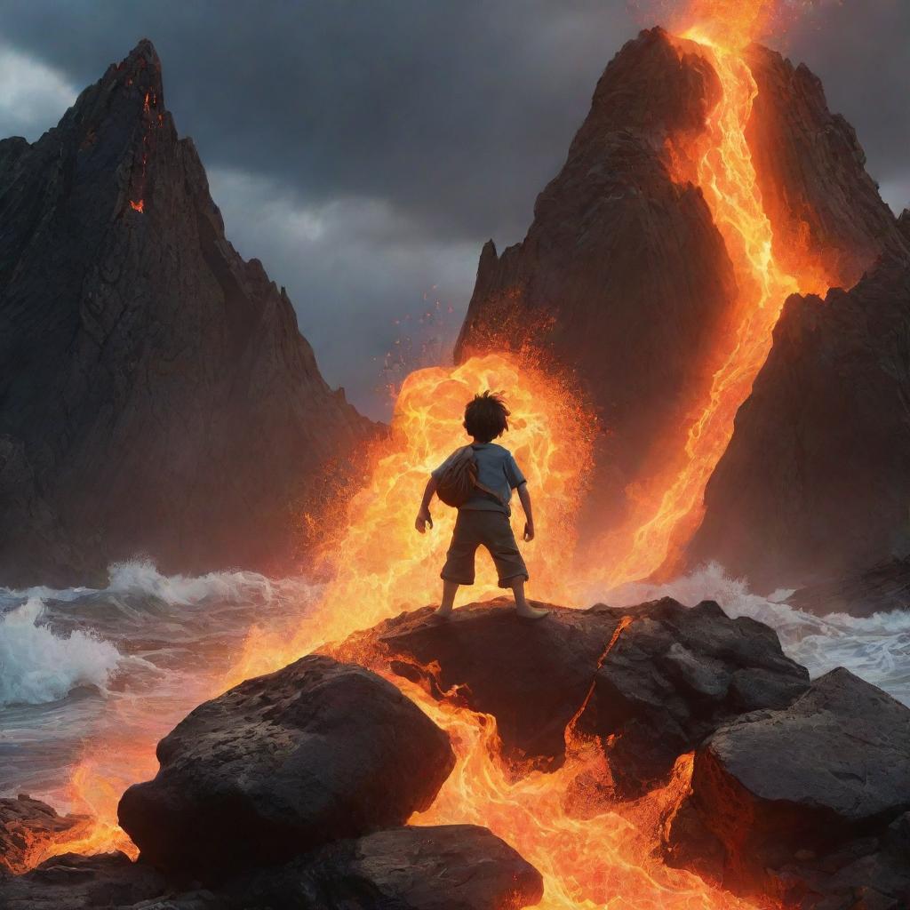 A powerful animated scene featuring a brave boy atop a lava mountain with falling molten rocks, surrounded by a raging ocean. The image should portray a thrilling blend of earth and water elements in a high stakes environment.