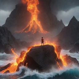 A powerful animated scene featuring a brave boy atop a lava mountain with falling molten rocks, surrounded by a raging ocean. The image should portray a thrilling blend of earth and water elements in a high stakes environment.