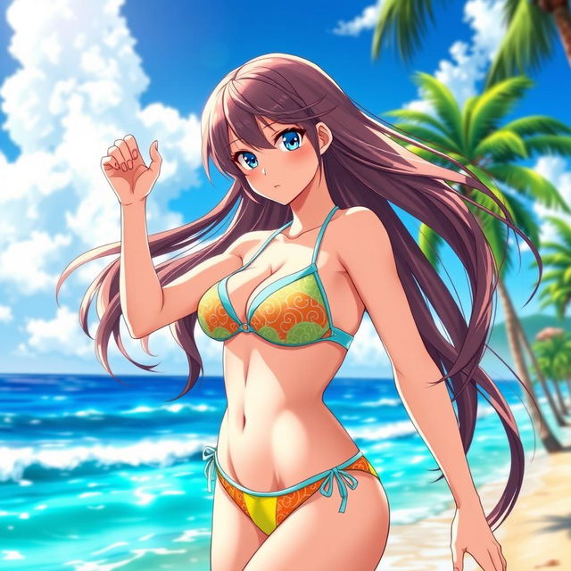 A striking anime girl in a sexy bikini, standing on a tropical beach