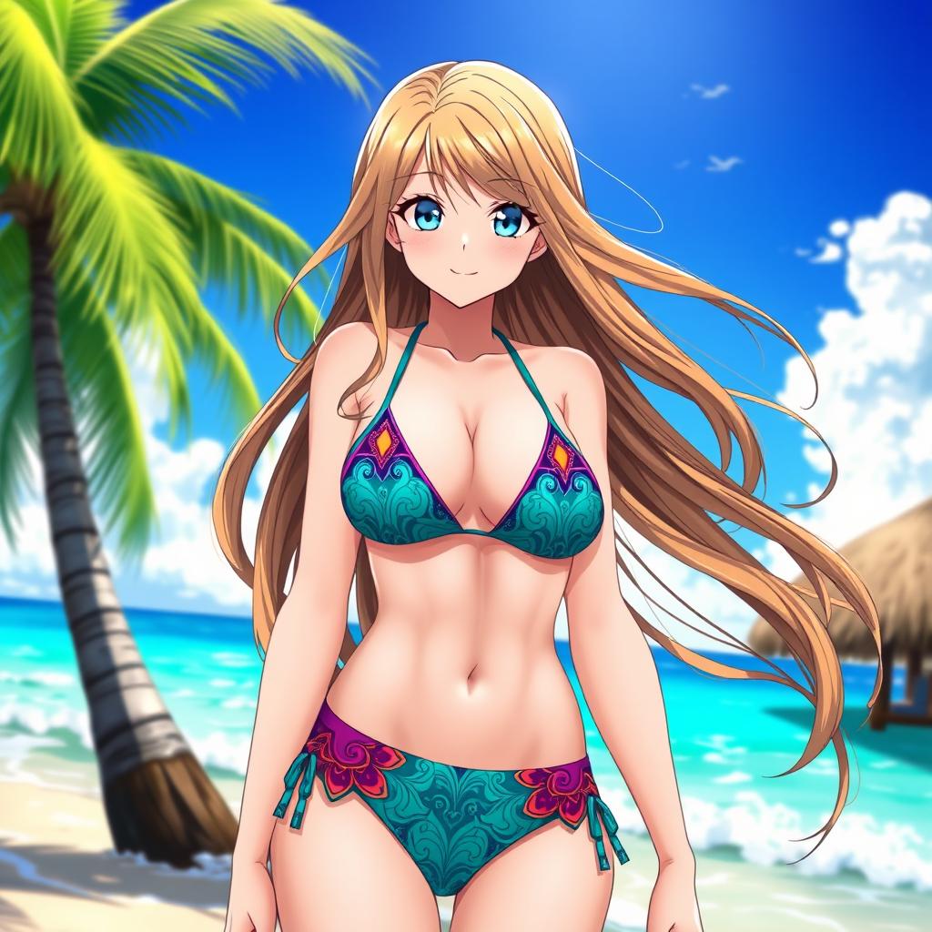 A striking anime girl in a sexy bikini, standing on a tropical beach