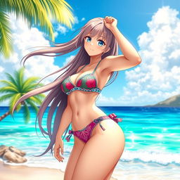 A striking anime girl in a sexy bikini, standing on a tropical beach