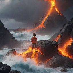 A powerful animated scene featuring a brave boy atop a lava mountain with falling molten rocks, surrounded by a raging ocean. The image should portray a thrilling blend of earth and water elements in a high stakes environment.