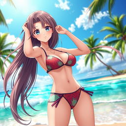 A striking anime girl in a sexy bikini, standing on a tropical beach