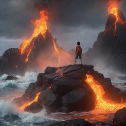 A powerful animated scene featuring a brave boy atop a lava mountain with falling molten rocks, surrounded by a raging ocean. The image should portray a thrilling blend of earth and water elements in a high stakes environment.