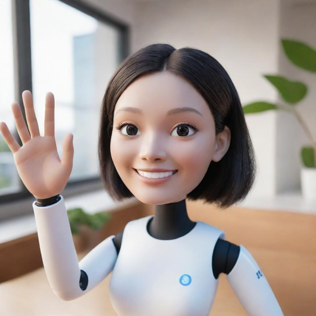 A friendly AI avatar smiling and waving hello in an inviting setting.