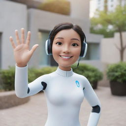 A friendly AI avatar smiling and waving hello in an inviting setting.